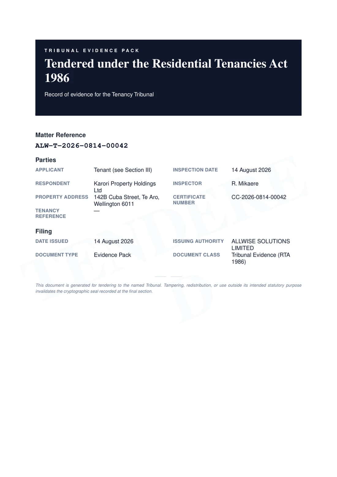Tribunal Evidence Pack — Cover page with slate banner, matter reference ALW-T-2026-0814-00042, parties grid, and index of sections